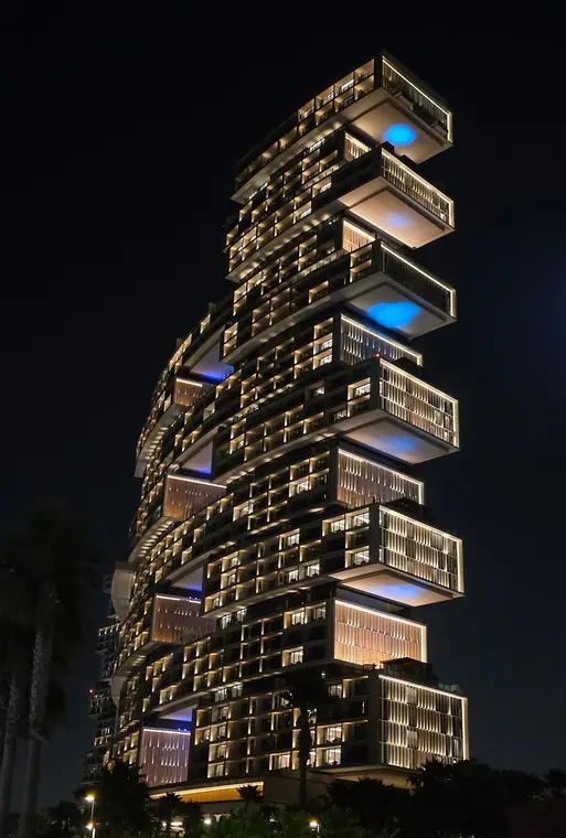 Atlantis The Royal's stacked tower, lit up at night
